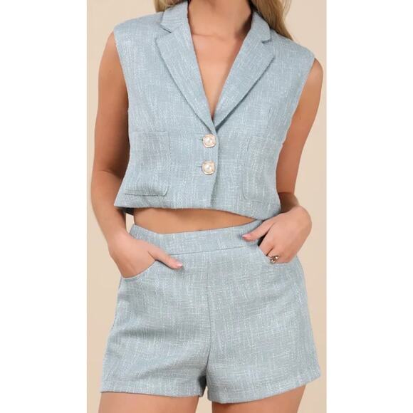 Lulus Pants - Lulus Perfect Company Light Blue Tweed high waisted shorts Vest Suit size small
